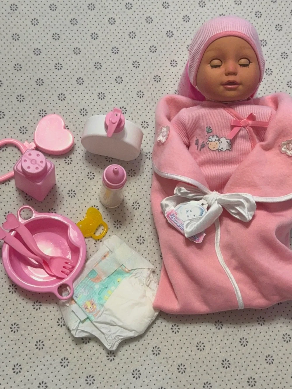 Baby Doll Bath & Care Set - Pink Plush Wrap with Feeding Accessories